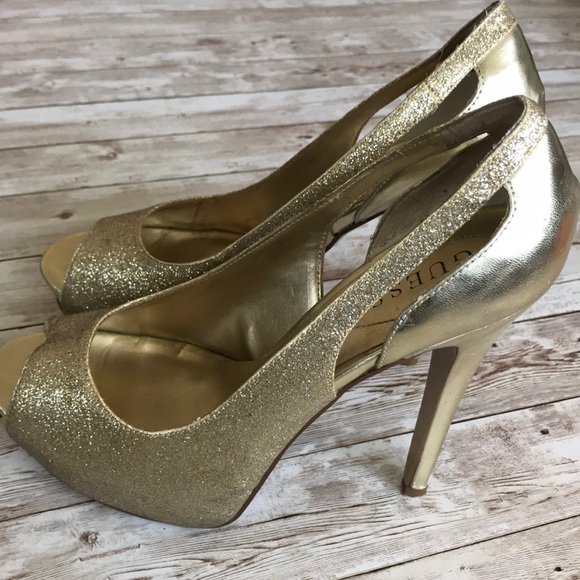 Guess Gold Glitter 5” Open Toe Heels in Size 10 - Picture 5 of 8